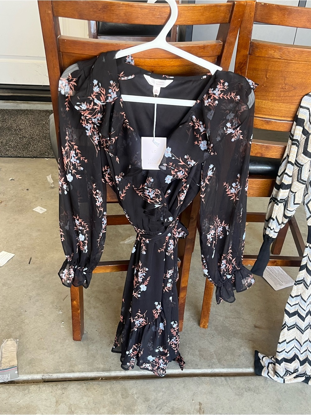 LC Lauren Conrad Black Floral Wrap Dress with Pink and Light Blue Print